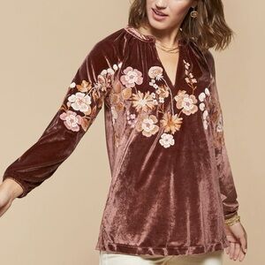 Spartina 449 Genevieve Embroidered Velvet Blouse Brown Floral Boho Top Size XXL